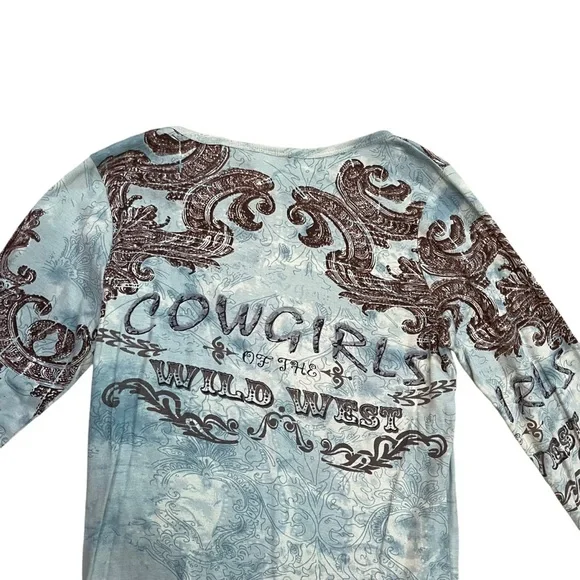 Y2K Vintage Women’s Blue Printed Cowgirls Of The Wild West 3/4 Sleeve T-Shirt - Picture 4 of 5